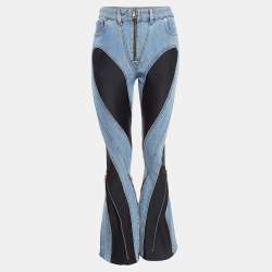 Pre Owned Mugler Blue Denim and Jersey Zip NI-Material Detail Jeans M Waist 28"