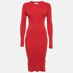 MUGLER Red Rib Knit Stud Detail Bodycon Dress M