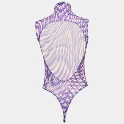Pre Owned Mugler Pink/Blue Star Print Mesh Bodysuit S