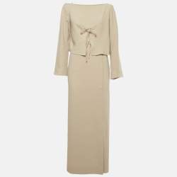 Pre Owned Mugler Taupe Crepe Cold Shoulder Top & Skirt Set M