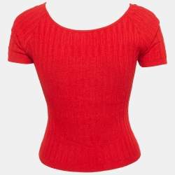 Pre Owned Mugler Red Rib Knit Short Sleeve Top M