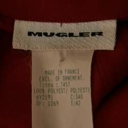 Pre Owned MUGLER Maroon Embroidered Collar Crepe Belted Maxi Dress L 
