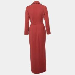 Pre Owned MUGLER Maroon Embroidered Collar Crepe Belted Maxi Dress L 