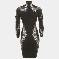 Pre Owned Mugler Black Nylon Knit Perforated Detail High Neck Bodycon Dress S
