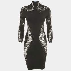 Pre Owned Mugler Black Nylon Knit Perforated Detail High Neck Bodycon Dress S