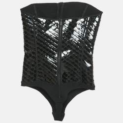 Pre Owned Mugler Black Nylon and Jersey Strapless Bodysuit M