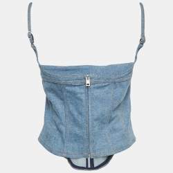 Pre Owned Mugler Blue Tulle Trim Denim Corset Top L