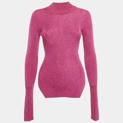 مملوكة مسبقًا Mugler Pink Lurex Rib Knit Mock Neck Pullover S