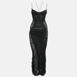 Pre Owned MUGLER Black Mesh Ruched Bodycon Dress S