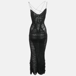 Pre Owned MUGLER Black Mesh Ruched Bodycon Dress S