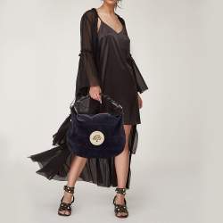 Mulberry Navy Blue Leather and Croc Embossed Suede Daria Hobo