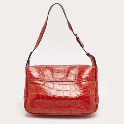Mulberry Red Croc Embossed Leather Bayswater Flap Shoulder Bag