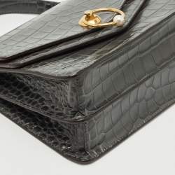 Pre Owned Mulberry Grey Croc Embossed Leather Medium Harlow Top Handle Bag