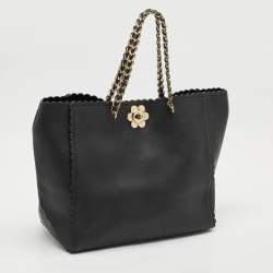 Pre Owned Mulberry Black Leather Large Flower Cecily Tote