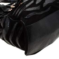 Pre Owned Mulberry Black Suede and Lizard Embossed Leather Alexa Satchel