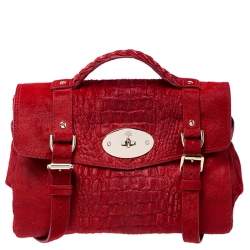 Pre Owned Mulberry Red Croc Embossed Calfhair Alexa Satchel
