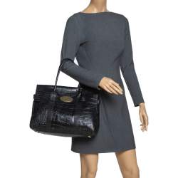Pre Owned Mulberry Black Croc Embossed Leather Bayswater Satchel