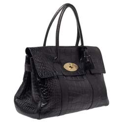 Pre Owned Mulberry Black Croc Embossed Leather Bayswater Satchel