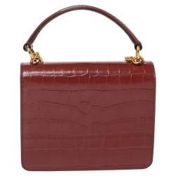 Pre Owned Mulberry Cinnamon Brown Croc Embossed Leather Small Harlow Top Handle Bag