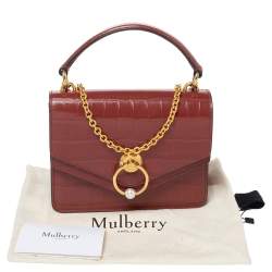 Pre Owned Mulberry Cinnamon Brown Croc Embossed Leather Small Harlow Top Handle Bag