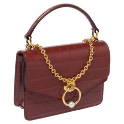 Pre Owned Mulberry Cinnamon Brown Croc Embossed Leather Small Harlow Top Handle Bag