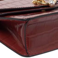 Pre Owned Mulberry Cinnamon Brown Croc Embossed Leather Small Harlow Top Handle Bag