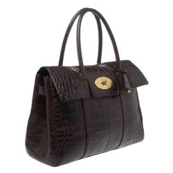 Pre Owned Mulberry Dark Brown Croc Embossed Leather Bayswater Satchel