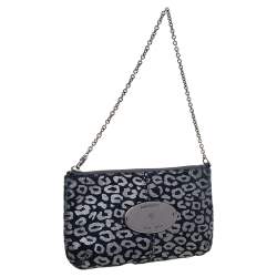 Pre Owned Mulberry Navy Blue/Silver Printed Suede Chain Wristlet Clutch