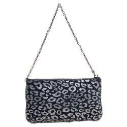 Pre Owned Mulberry Navy Blue/Silver Printed Suede Chain Wristlet Clutch