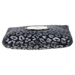 Pre Owned Mulberry Navy Blue/Silver Printed Suede Chain Wristlet Clutch