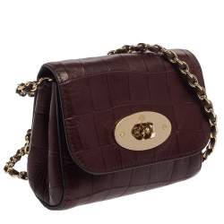 Pre Owned Mulberry Burgundy Crocodile Embossed Leather Mini Lily Shoulder Bag
