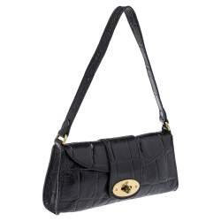 Pre Owned Mulberry Black Croc Embossed Leather Turnlock Flap Shoulder Bag
