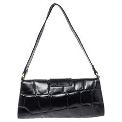 Pre Owned Mulberry Black Croc Embossed Leather Turnlock Flap Shoulder Bag