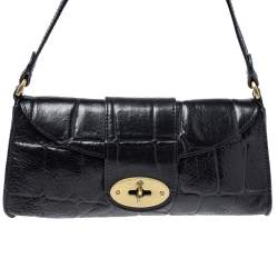 Pre Owned Mulberry Black Croc Embossed Leather Turnlock Flap Shoulder Bag