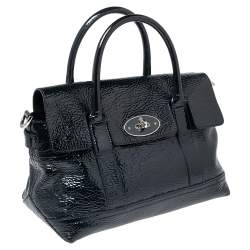 Pre Owned Mulberry Navy Blue Wrinkled Patent Leather Small Bayswater Satchel
