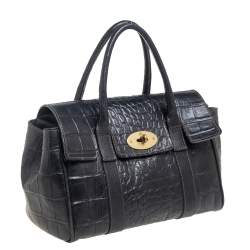 Pre Owned Mulberry Black Croc Embossed Leather Bayswater Satchel