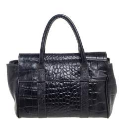 Pre Owned Mulberry Black Croc Embossed Leather Bayswater Satchel