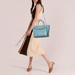 Pre Owned Mulberry Pale Blue Leather Small Zipped Bayswater Tote