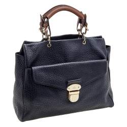 Pre Owned Mulberry Navy Blue/Brown Grained Leather Polly Push Lock Satchel
