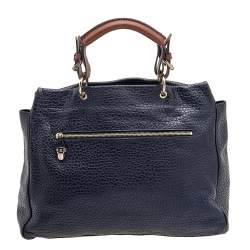 Pre Owned Mulberry Navy Blue/Brown Grained Leather Polly Push Lock Satchel