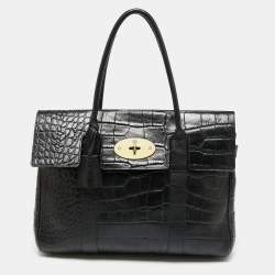 Pre Owned Mulberry Black Croc Embossed Leather Bayswater Satchel