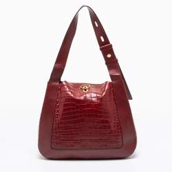 Pre Owned Mulberry Burgundy Croc Embossed Leather Marloes Hobo   
