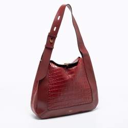 Pre Owned Mulberry Burgundy Croc Embossed Leather Marloes Hobo   