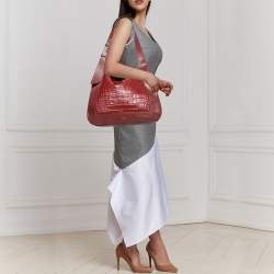 Pre Owned Mulberry Burgundy Croc Embossed Leather Marloes Hobo   
