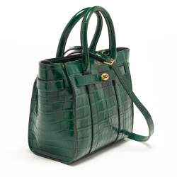 Pre Owned Mulberry Green Croc Embossed Leather Mini Zipped Bayswater Tote