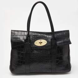 Mulberry Black Croc Embossed Leather Bayswater Satchel