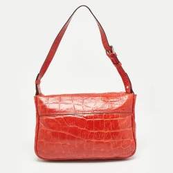 Mulberry Coral Red Croc Embossed Leather Shoulder Bag