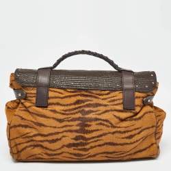 Mulberry Two Tone Brown Tiger Print/Lizard Embossed Calf Hair and Leather Studded Tassel Alexa Satchel