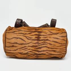 Mulberry Two Tone Brown Tiger Print/Lizard Embossed Calf Hair and Leather Studded Tassel Alexa Satchel