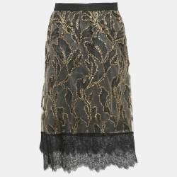 Pre Owned تنورة منتة دانتيل مطرزة بورق أسود/ذهبي صغيرة
